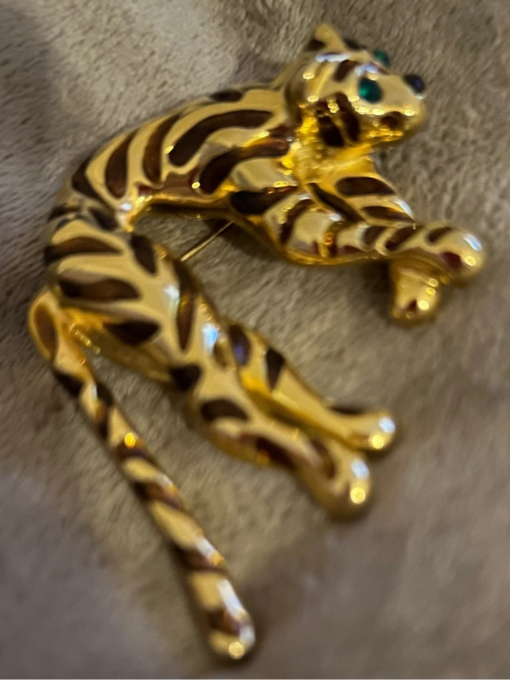 Gold-Tone Tiger Pin Brooch with Brown Enamel Stripes and Green Eyes